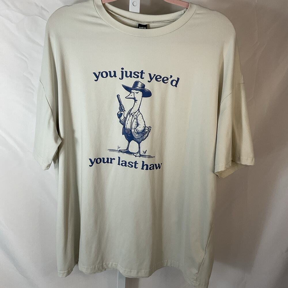 SHEIN Regular Fit Short Sleeve Beige Cowboy Bird Graphic Men's T-Shirt L